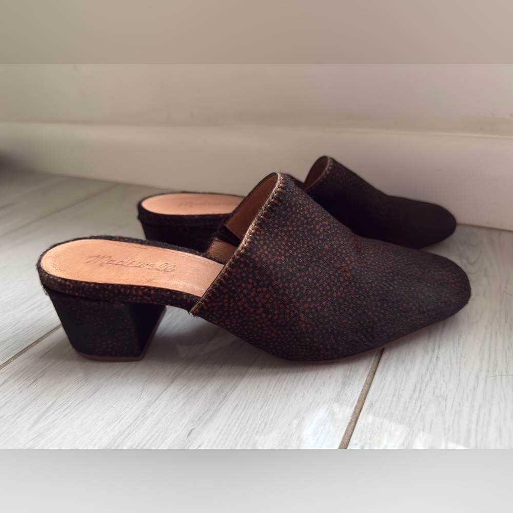 Madewell The Walker Brown Spotted Animal Print Calf Hair Mules Heels Size 8.5